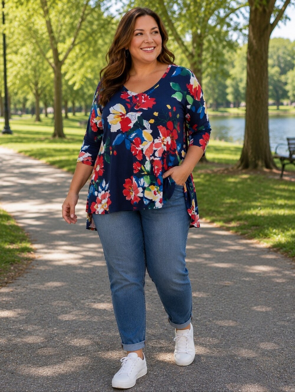 The Pioneer Women Navy Floral V Neck Tunic Top. In EUC